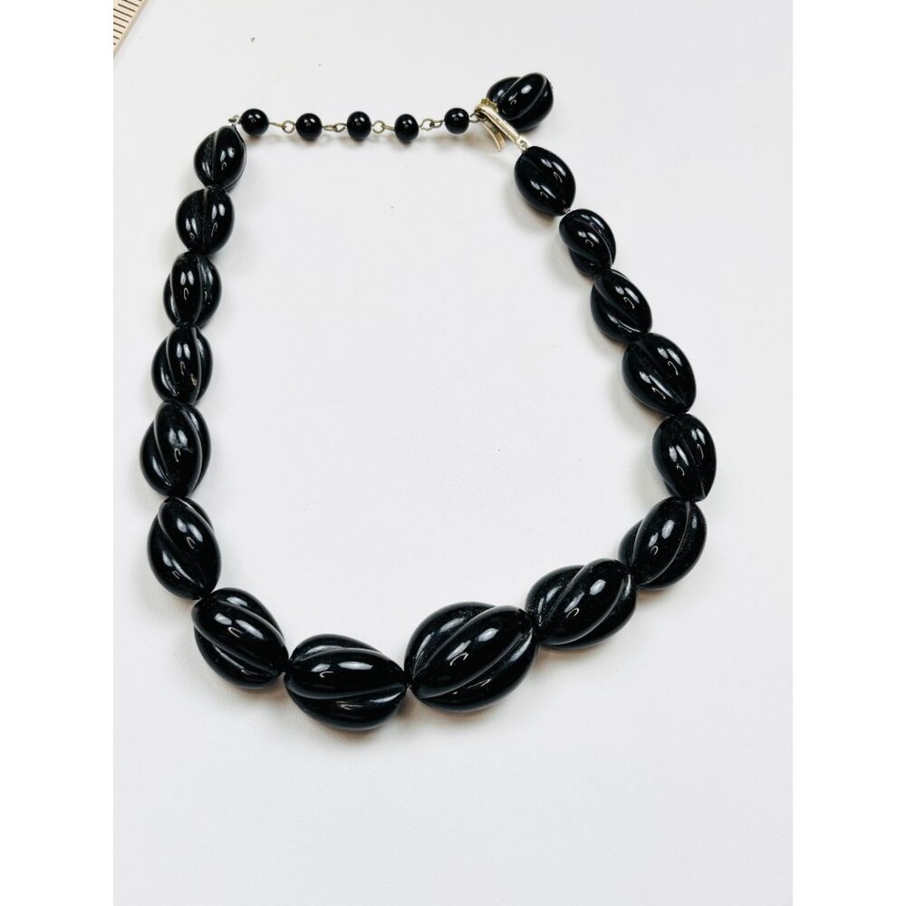 Vintage Japan Black Glass Bead Necklace With Graduated Oval Beads & Adjustable C